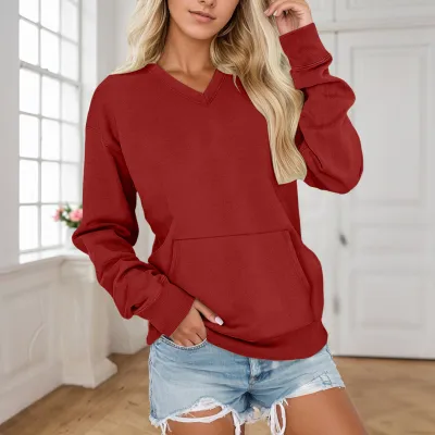 Women V-Neck Pullover Sweatshirt Solid Color Pocket Long Sleeve Loose Fit
