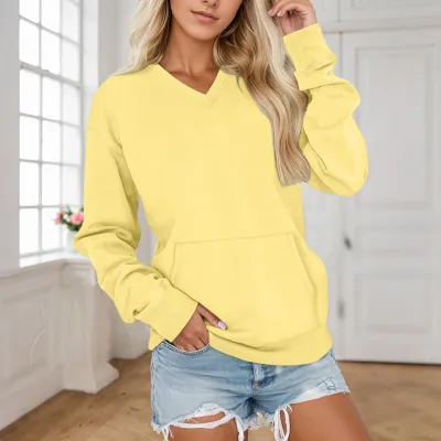 Women V-Neck Pullover Sweatshirt Solid Color Pocket Long Sleeve Loose Fit