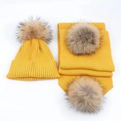Kids Boys Girls Fashion Solid Color Fur Ball Wool Hat Scarf Set