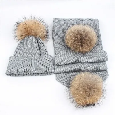 Kids Boys Girls Fashion Solid Color Fur Ball Wool Hat Scarf Set