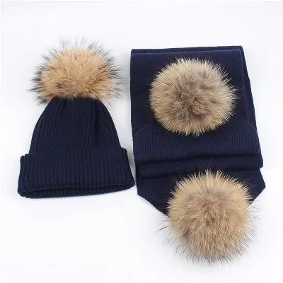 Kids Boys Girls Fashion Solid Color Fur Ball Wool Hat Scarf Set