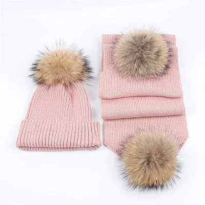 Kids Boys Girls Fashion Solid Color Fur Ball Wool Hat Scarf Set