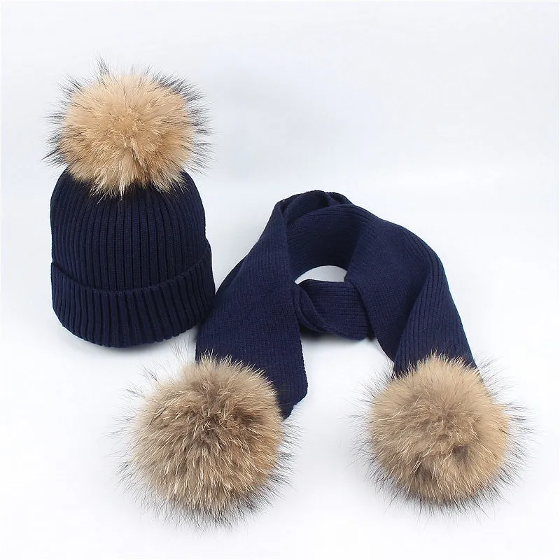 Kids Boys Girls Fashion Solid Color Fur Ball Wool Hat Scarf Set