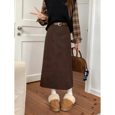 Women High Waist Retro Corduroy Straight Skirt