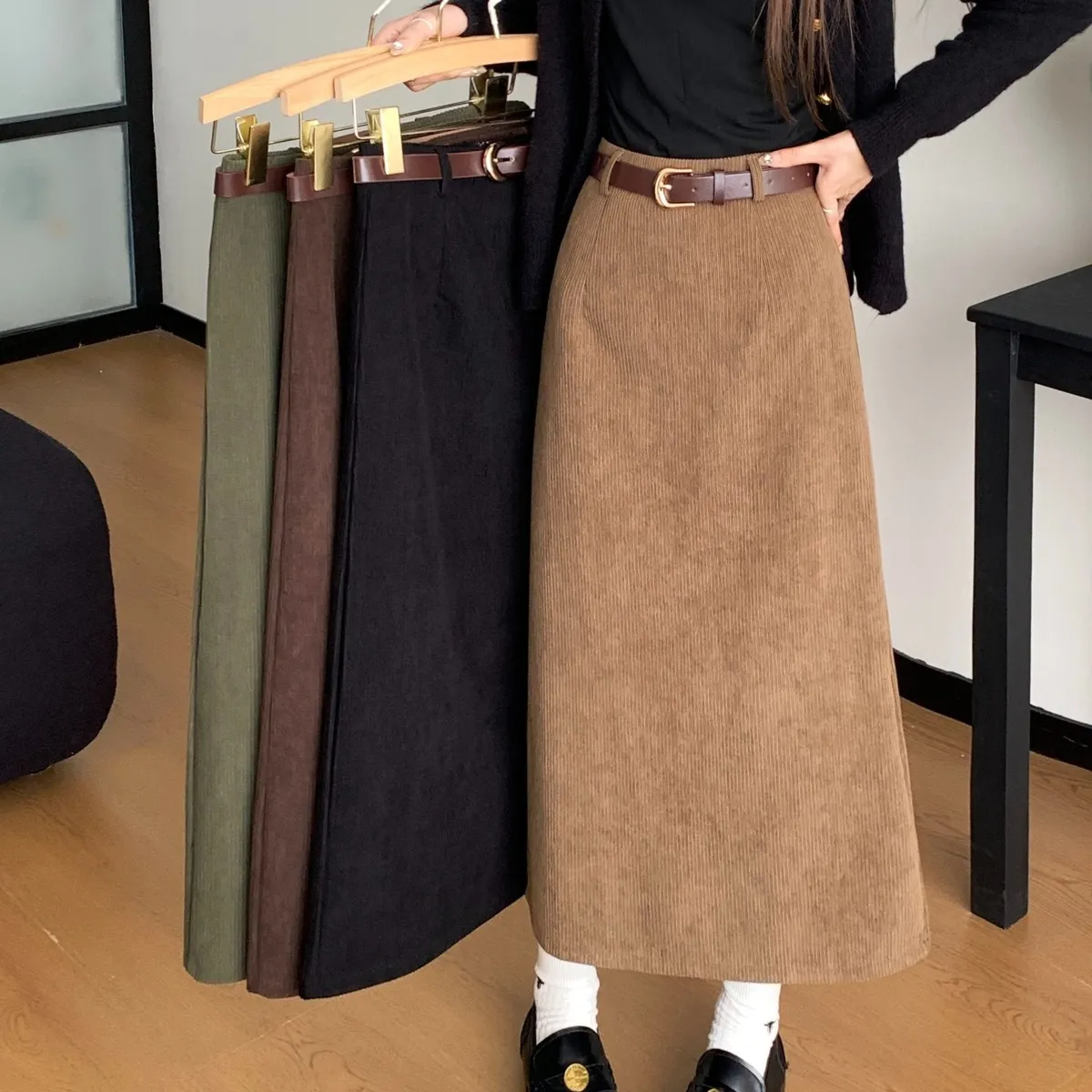 Women High Waist Retro Corduroy Straight Skirt