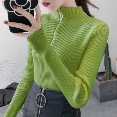 Women's Knitted Half-Turtleneck Zipper Pullover Sweater - Long Sleeve Slim Fit Autumn Winter