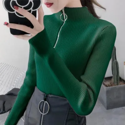 Women's Knitted Half-Turtleneck Zipper Pullover Sweater - Long Sleeve Slim Fit Autumn Winter