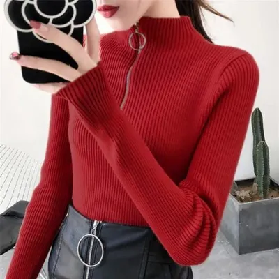 Women's Knitted Half-Turtleneck Zipper Pullover Sweater - Long Sleeve Slim Fit Autumn Winter