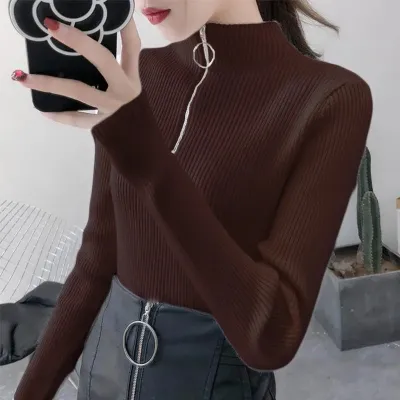 Women's Knitted Half-Turtleneck Zipper Pullover Sweater - Long Sleeve Slim Fit Autumn Winter