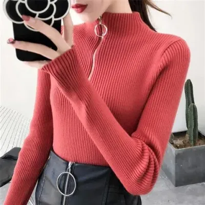 Women's Knitted Half-Turtleneck Zipper Pullover Sweater - Long Sleeve Slim Fit Autumn Winter