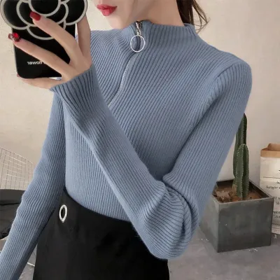 Women's Knitted Half-Turtleneck Zipper Pullover Sweater - Long Sleeve Slim Fit Autumn Winter