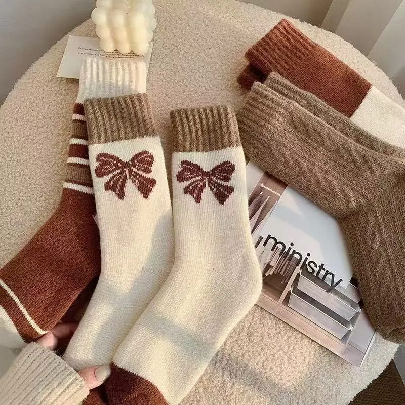 Women's Mid-Calf Terry Socks – Warm, Thick, Leisure Stripe Socks for Autumn Winter