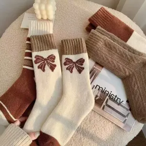Women's Mid-Calf Terry Socks – Warm, Thick, Leisure Stripe Socks for Autumn Winter