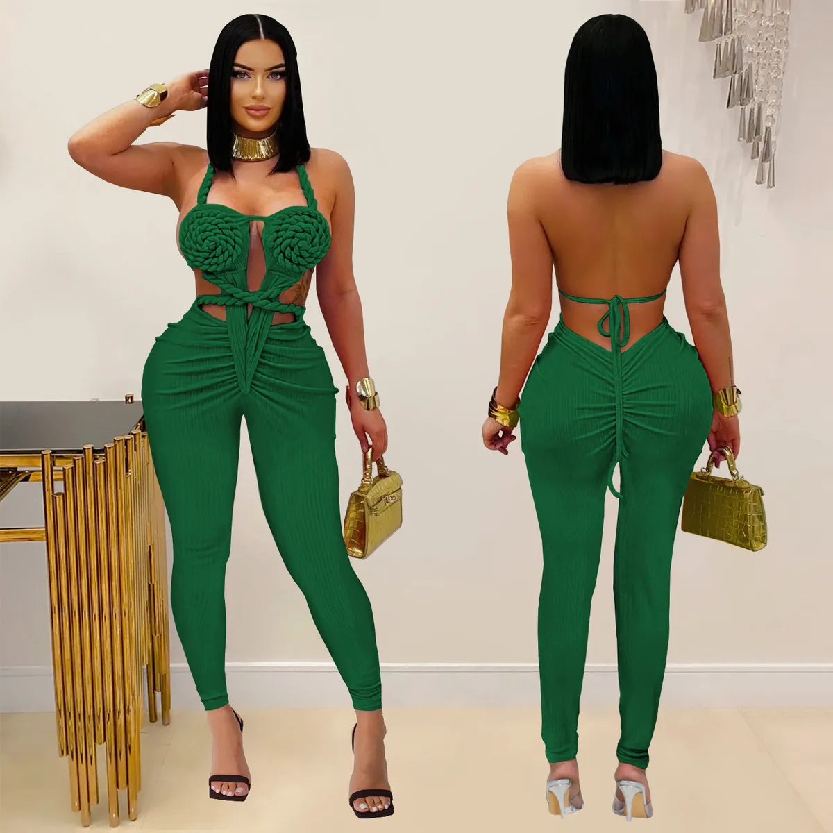 Fashion Women Sexy Solid Color Backless Neck Jumpsuit