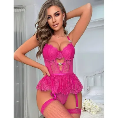 Women Fashion Solid Color Lace Sexy Lingerie 2PCS Set