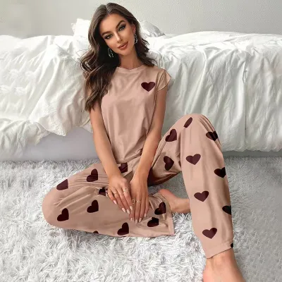 Women's Casual Milk Silk Printed Fly Sleeve T-Shirt and Loose Pants Pajama Set