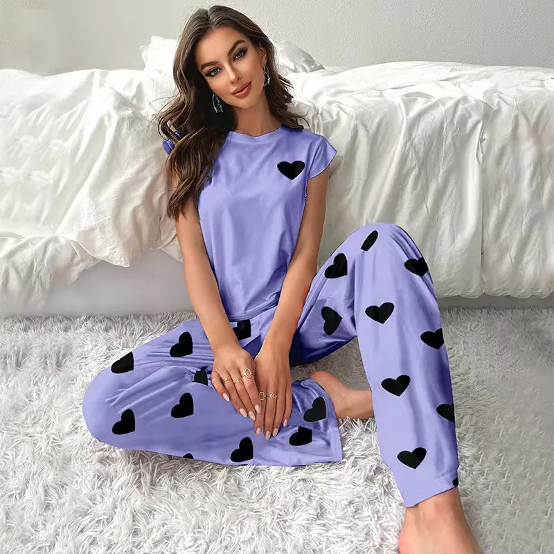 Women's Casual Milk Silk Printed Fly Sleeve T-Shirt and Loose Pants Pajama Set
