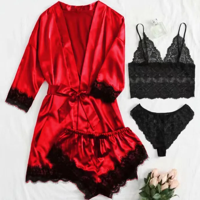 Women's Sexy Lace-Up Coat Pajamas Set with Bra and Shorts