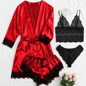 Women's Sexy Lace-Up Coat Pajamas Set with Bra and Shorts