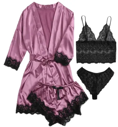 Women's Sexy Lace-Up Coat Pajamas Set with Bra and Shorts