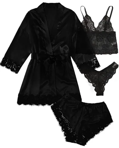 Women's Sexy Lace-Up Coat Pajamas Set with Bra and Shorts