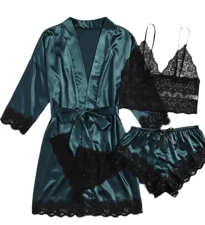 Women's Sexy Lace-Up Coat Pajamas Set with Bra and Shorts