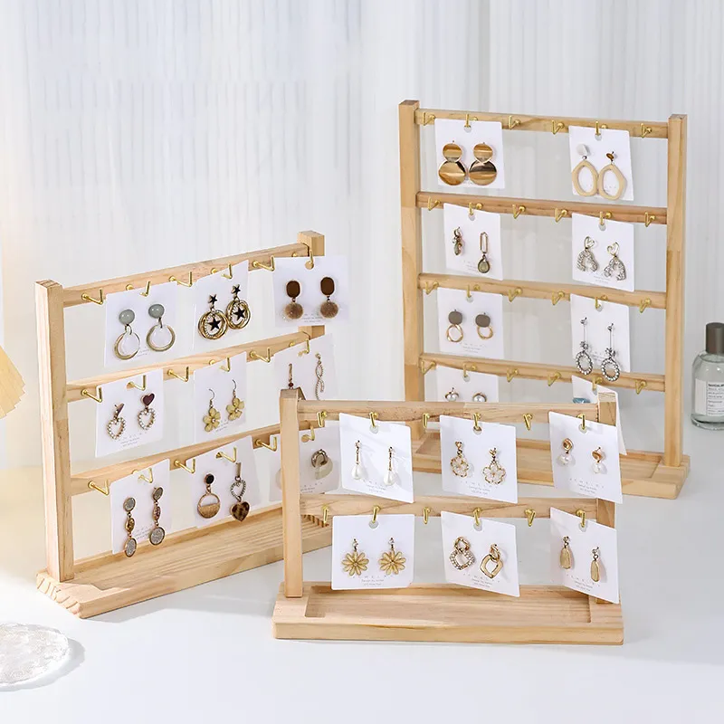 Fashion Simple Wooden With Hook Jewelry Display Storage Stand Four Layers