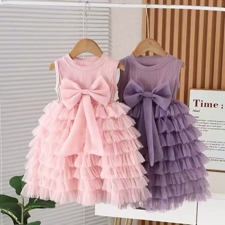 Kids Girls Elegant Solid Color Mesh Ruffled Sleeveless Bowknot Dress