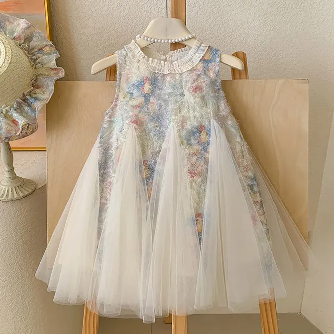 Kids Girls Mesh Flower Embroidered Dress Hat Two-Piece Set Sleeveless Cotton Blend
