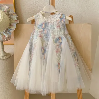 Kids Girls Mesh Flower Embroidered Dress Hat Two-Piece Set Sleeveless Cotton Blend