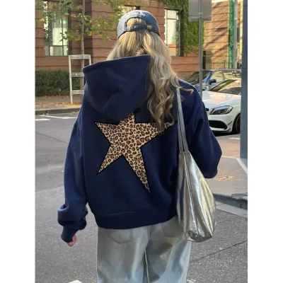 Women Casual Leopard Star Print Loose Hoodie
