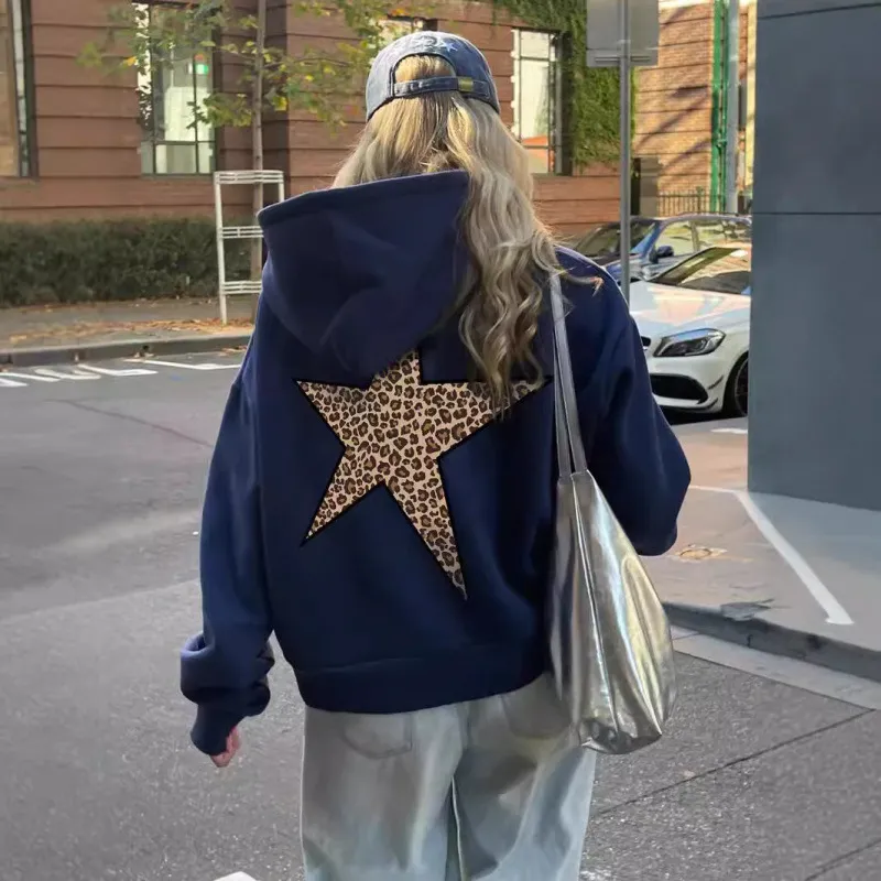 Women Casual Leopard Star Print Loose Hoodie