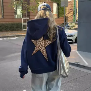Women Casual Leopard Star Print Loose Hoodie