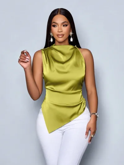 Women Asymmetric Sleeveless Blouse in Solid Color