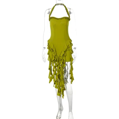 Women Sexy Halter-Neck Backless Tassel Midi Dress Solid Color