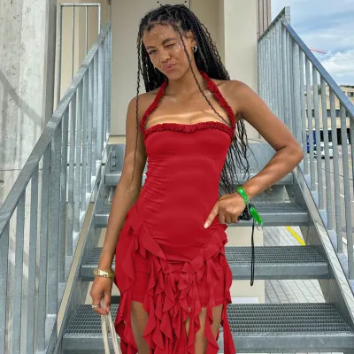 Women Sexy Halter-Neck Backless Tassel Midi Dress Solid Color