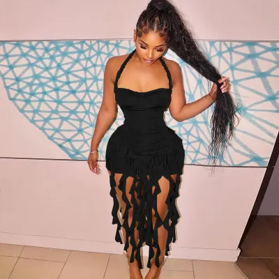 Women Sexy Halter-Neck Backless Tassel Midi Dress Solid Color