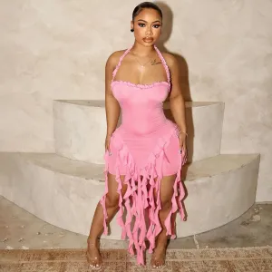 Women Sexy Halter-Neck Backless Tassel Midi Dress Solid Color