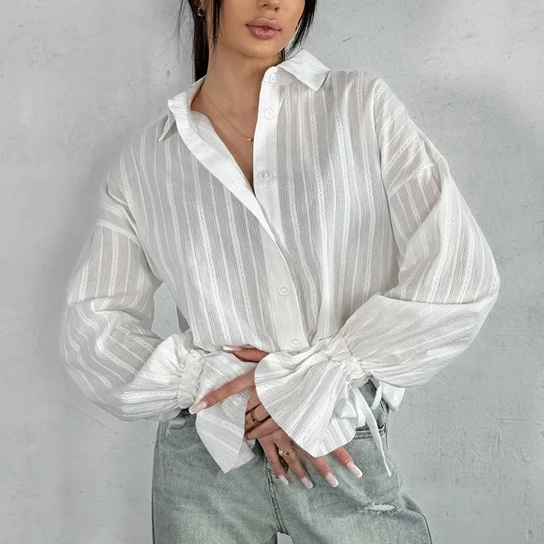Women's Cotton Jacquard Lapel Long-Sleeve Loose Blouse