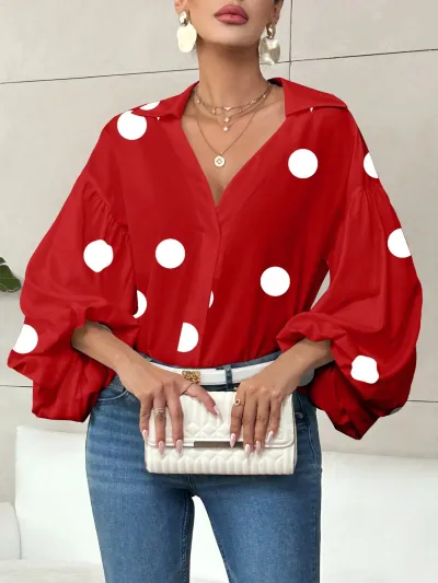 Women Casual Dot Printed Lapel Bubble Long Sleeve Loose Blouse
