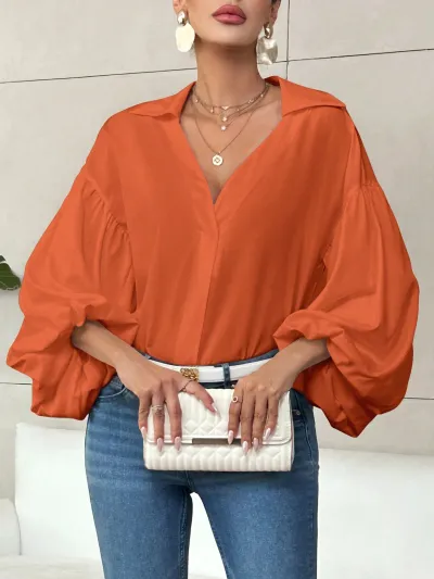 Women Casual Dot Printed Lapel Bubble Long Sleeve Loose Blouse