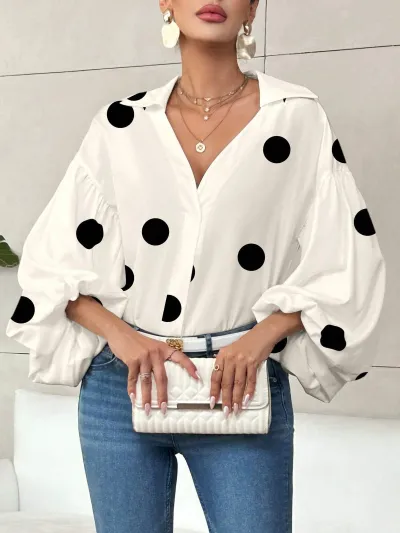 Women Casual Dot Printed Lapel Bubble Long Sleeve Loose Blouse
