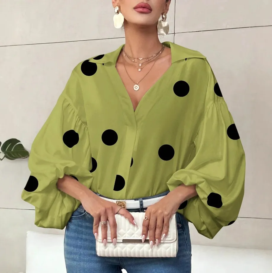Women Casual Dot Printed Lapel Bubble Long Sleeve Loose Blouse