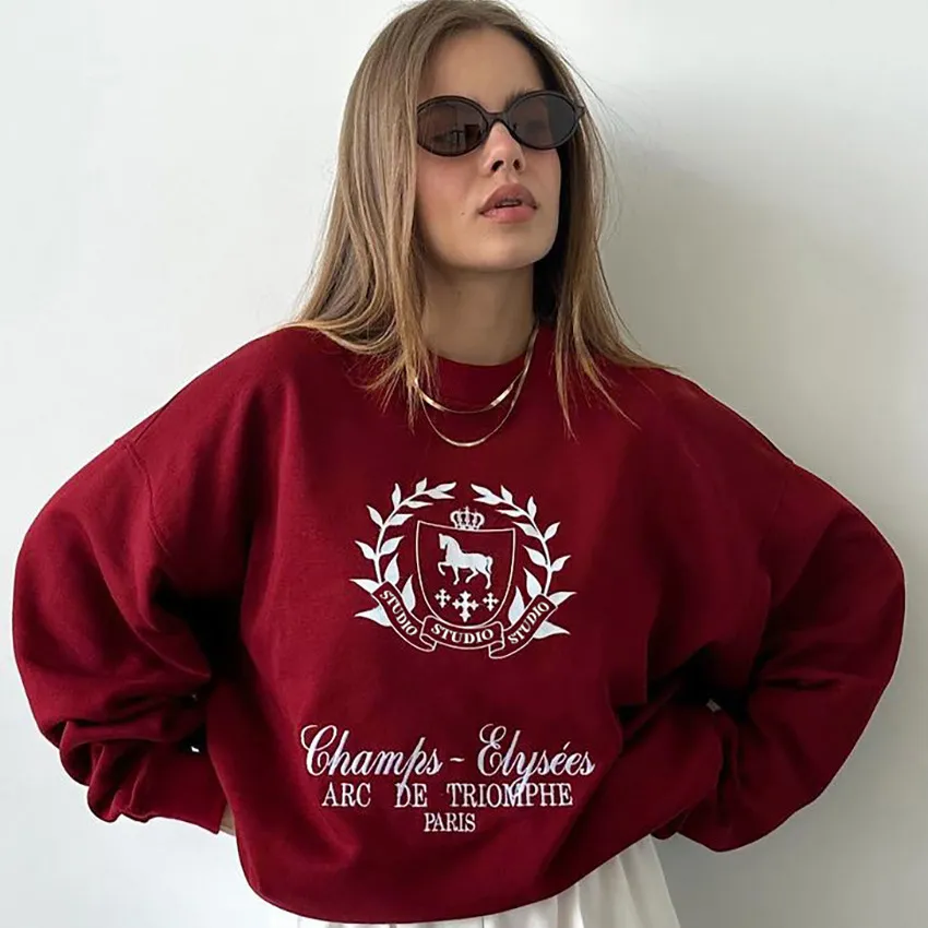 Women Fashion Casual Autumn Winter Printed Round Neck Loose Thickened Sweatshirt