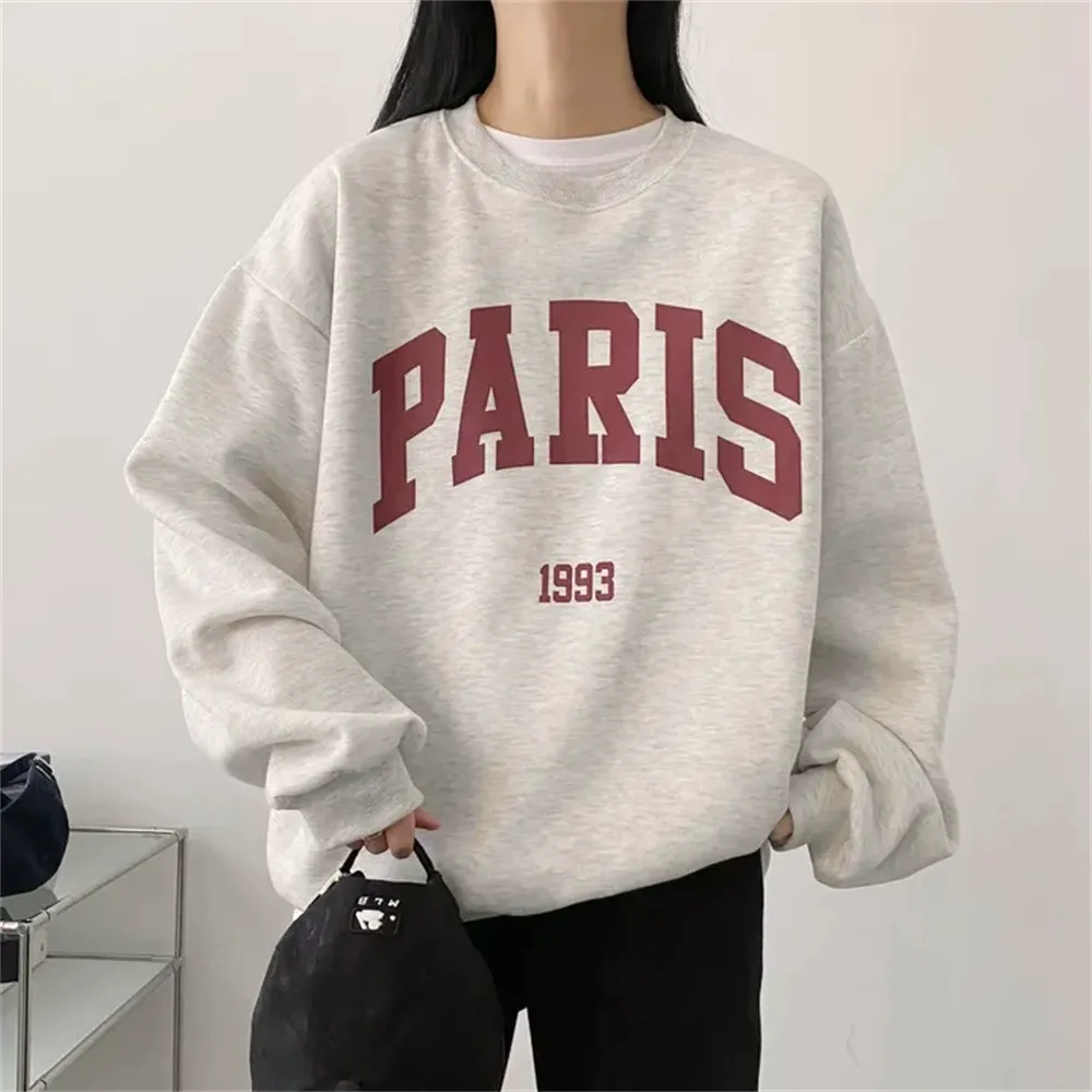 Women Casual Fleece-Lined Thickened Long-Sleeve Sweatshirt with Letter Print for Autumn and Winter