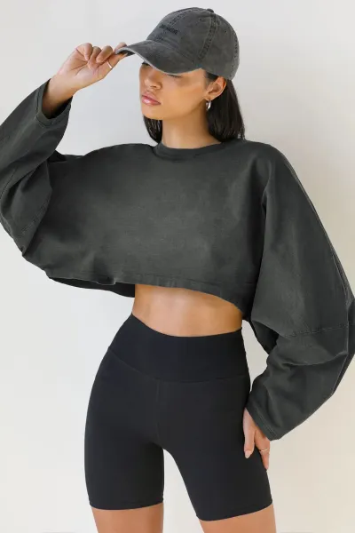 Women Fashion Sexy Solid Color Long Sleeve Crop Top Sweatshirt