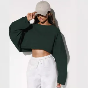 Women Fashion Sexy Solid Color Long Sleeve Crop Top Sweatshirt