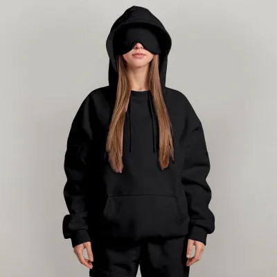 Women Casual Autumn Winter Solid Color Built-In Eye Mask Long Sleeve Hoodies