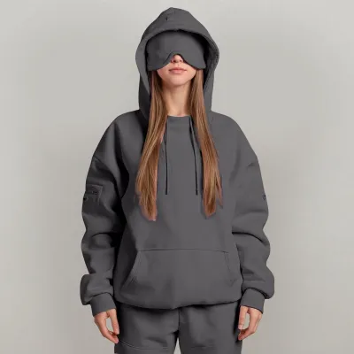 Women Casual Autumn Winter Solid Color Built-In Eye Mask Long Sleeve Hoodies
