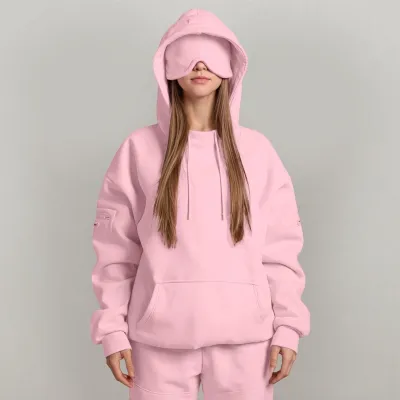 Women Casual Autumn Winter Solid Color Built-In Eye Mask Long Sleeve Hoodies